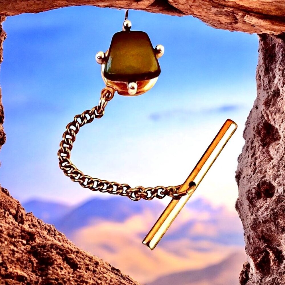 SARAH COVENTRY Mens Tie Tack Gold Tone Chain Smokey Black Stone